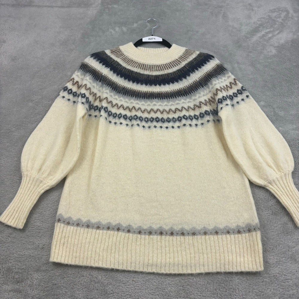 J. Crew Fair Isle Yoke Puff Sleeve Sweater‎ Womens XXS Ivory Alpaca Wool Nordic